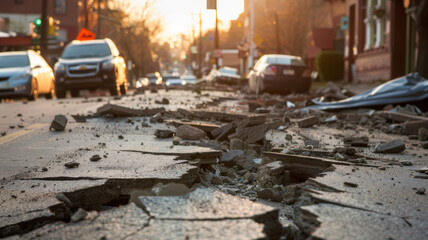 Impact of Earthquake Damage on City Streets Traffic Issues and Safety Concerns. Concept Earthquake Damage