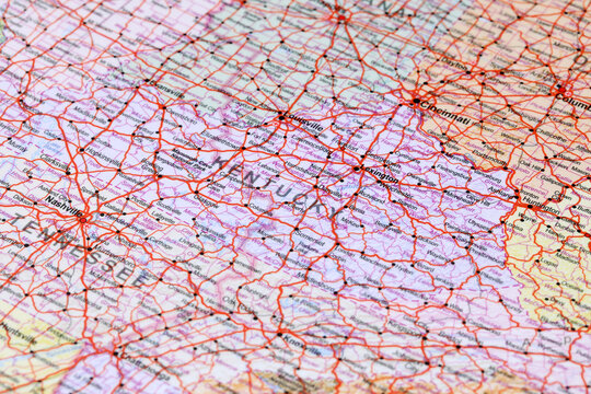 Louisville, United States - May 20, 2024: Detailed Kentucky road map. Closeup macro view of State of Kentucky map