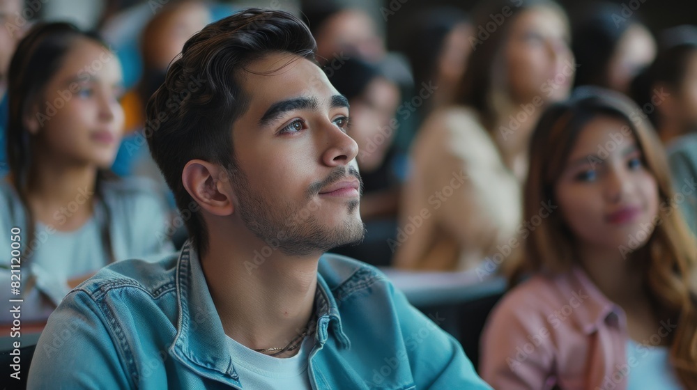 Poster shallow depth of field. beautiful hispanic man listens to a lecture in a class filled with multi-eth