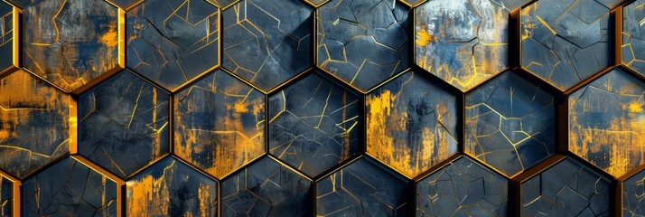Marble hexagon tile background, glitter decoration, golden stone texture, abstract wallpaper. Black honeycomb wall print, mosaic elegant geometric backdrop.Architecture hexagon wall.High quality pgoto