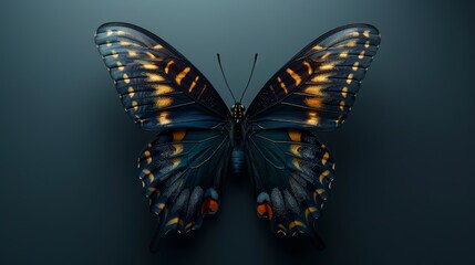 Obraz premium The dark blue butterfly with yellow and red accents spread its wings.