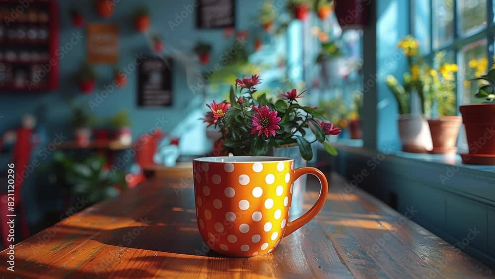 Wall mural Parallax effect blue cafe interior wtih cup coffee steam. Cozy kafe aesthetic interior with plants.. High quality 4k footage