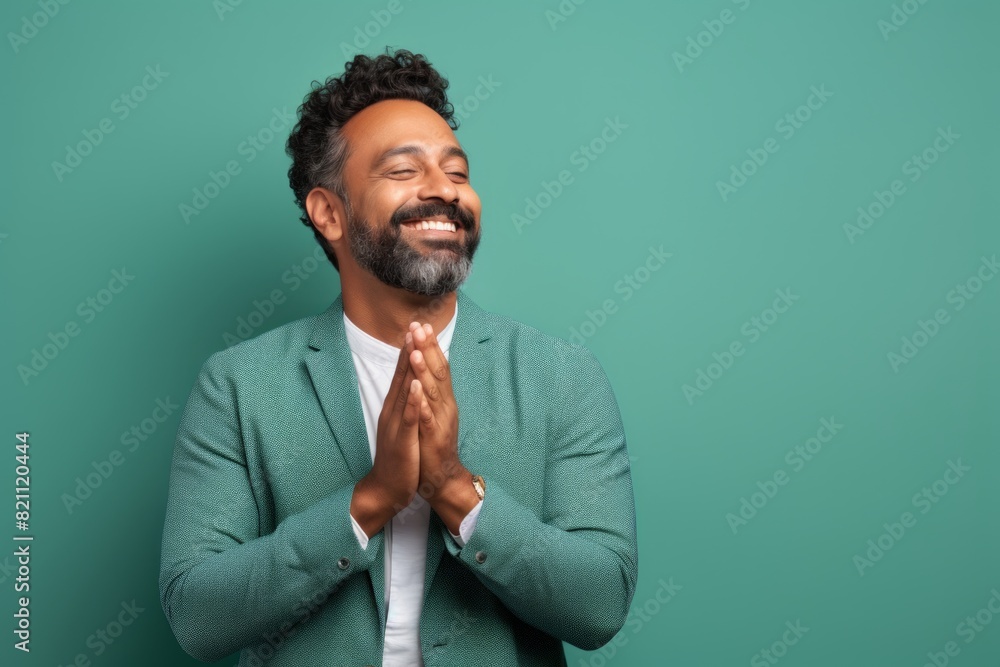Wall mural Portrait of a joyful indian man in his 40s joining palms in a gesture of gratitude in front of solid pastel color wall - Wall murals