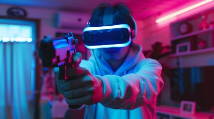 The scene shows a north Asian professional video gamer wearing a virtual reality headset and holding a hologram gun as he plays an online video game shooter. It is an augmented reality concept. The