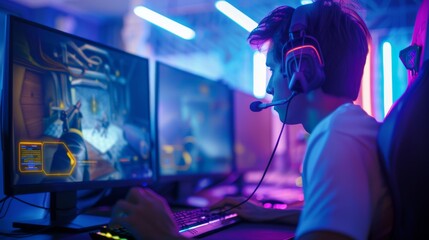 The picture shows a professional gamer playing in a first-person shooter online video game on his personal computer. The gamer is talking to his team through a headset. Neon lights are illuminated in