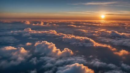 Breathtaking view of the sunset, flying above the clouds