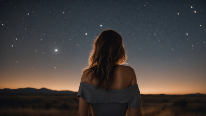 A young woman looks at a beautiful starry sky, view from the back