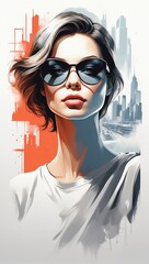 Drawn portrait of an attractive girl wearing sunglasses