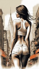 Drawing of a beautiful girl in short shorts walking along a city street, viewed from the back