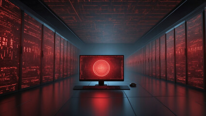 Computer with abstract red circle on display on the floor in a room with many servers