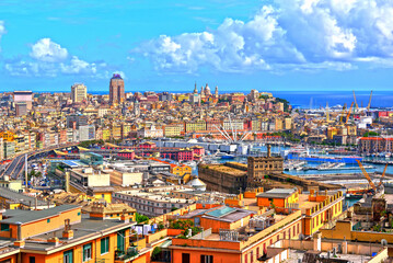 urban panorama and part of the historic center Genoa Italy