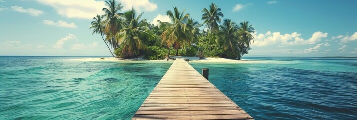Serenity Found: Wooden Dock Overlooking Ocean with Palm Trees Generative AI