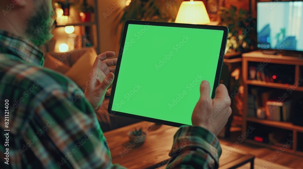 Poster man using hand gestures on green mock-up screen digital tablet computer while sitting at his desk. i