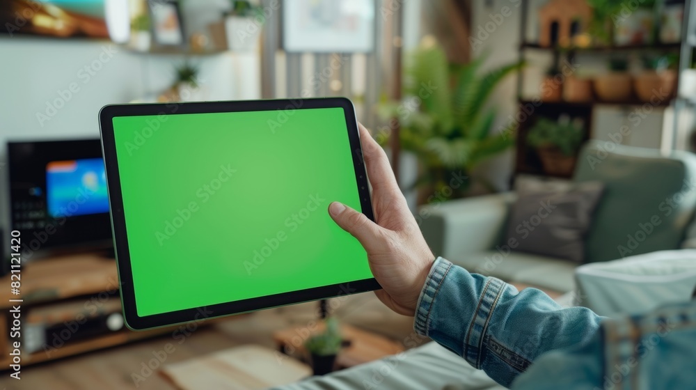 Poster hand gestures on green mock-up screen digital tablet computer in portrait mode while sitting at his 