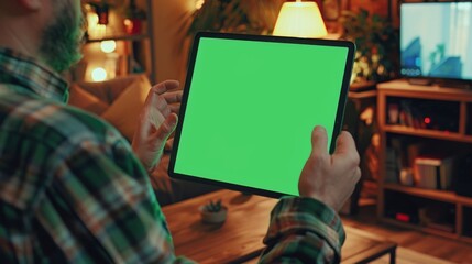 Man using hand gestures on green mock-up screen digital tablet computer while sitting at his desk. In the background is a cozy living room.