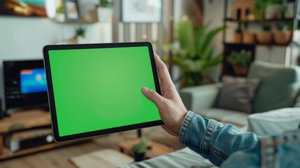 Hand Gestures on Green Mock-up Screen Digital Tablet Computer in Portrait Mode while Sitting at His Desk. In the Background Cozy Living Room.