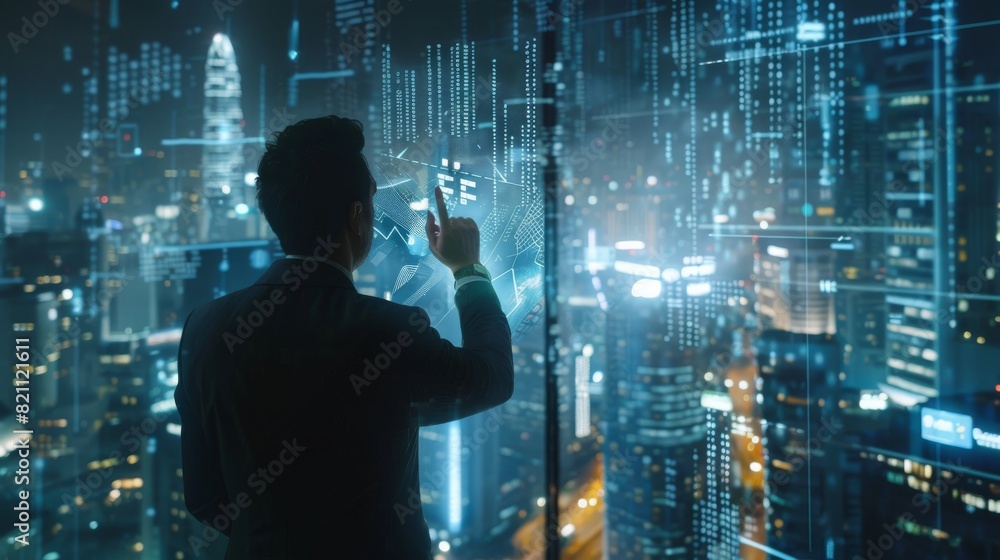 Poster a point-of-view shot of a businessman using an augmented reality touchscreen to control business gra