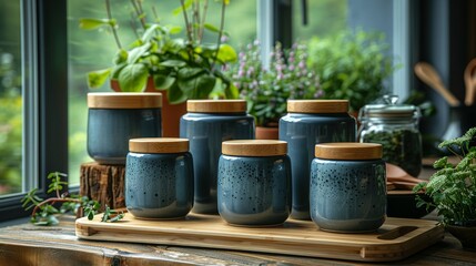 Sustainable Kitchen with Eco-friendly Tea Warmers, Bamboo Utensils, and Recycled Materials, Embracing Green Living and Ethical Practices Inspired by Nature