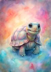 Cute Baby Tortoise on a Pastel Background: Dreamy Pastel Palette, Soft Delightful Watercolor Colors