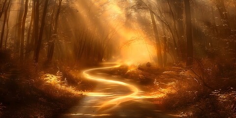 Illuminated Path Through Dense Forest: Sunlight Filtering into Mist. Concept Enchanted Forest, Sunbeams, Mystery, Nature Walk, Misty Morning