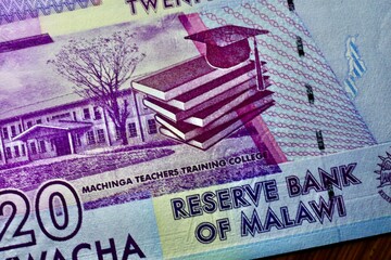 Malawian type banknote currency called Malawi Kwacha. Domasi Teachers Training College building and...