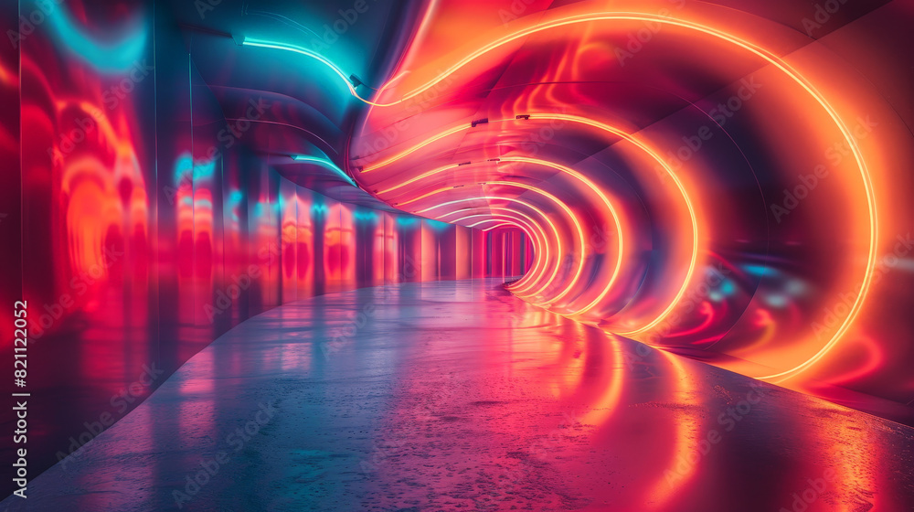 Poster abstract 3d tunnel with glowing lines and colorful patterns on a dark background