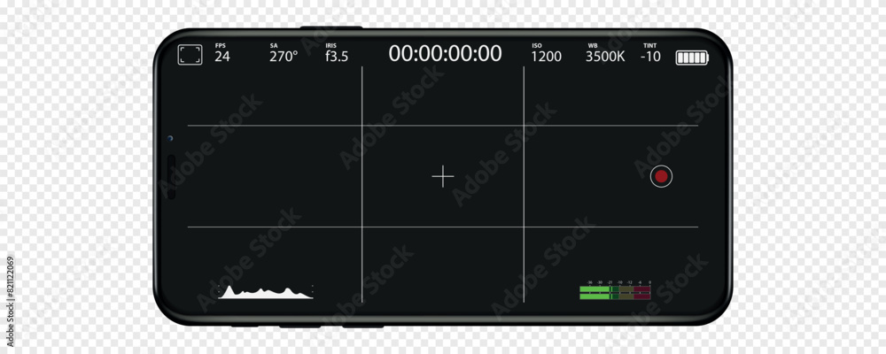 Aufkleber Camera in phone. Photo camera on screen of mobile with interface. UI for selfie in smartphone. Viewfinder, grid, focus, button and rec. Smartphone mockup for photography, selfie and video