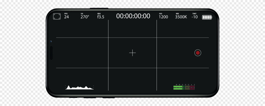 Camera in phone. Photo camera on screen of mobile with interface. UI for selfie in smartphone. Viewfinder, grid, focus, button and rec. Smartphone mockup for photography, selfie and video