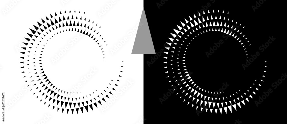 Fototapete Spiral dotted background with triangles. Design element or icon. Black shape on a white background and the same white shape on the black side.
