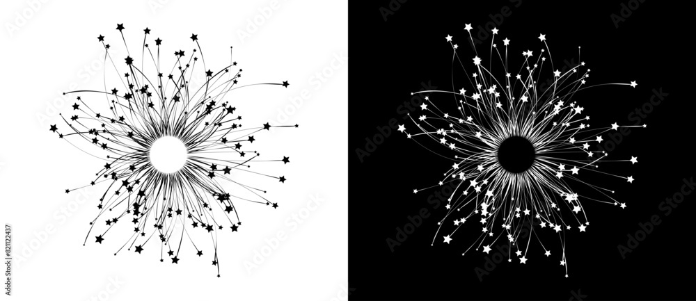 Fototapete Abstract background with lines and stars. Social connect or team working concept. Black shape on a white background and the same white shape on the black side.