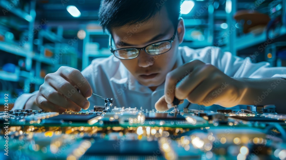 Poster printed circuit board surface mount assembly line. product production with smt machinery in a high-t