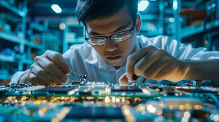 Printed Circuit Board Surface Mount Assembly Line. Product production with SMT machinery in a high-tech factory. Asian engineer uses computer to program pick-and-place electronic machinery.