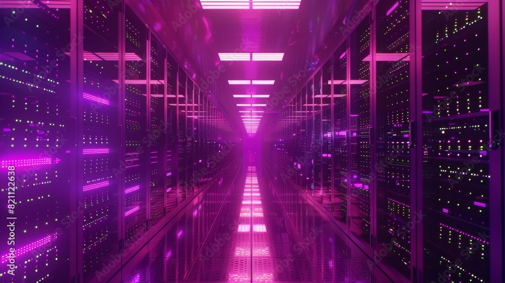 Poster this is a shot of rows of rack servers working in a data center. led lights are blinking, and comput