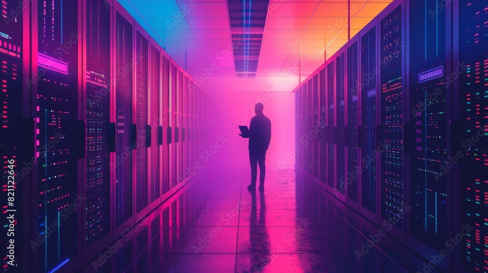 Poster an it engineer standing in front of a working server rack, performing routine maintenance checks and