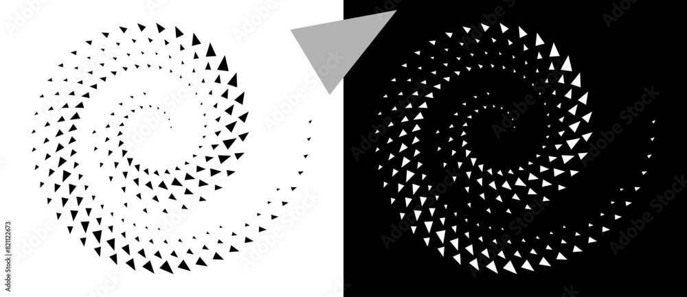 Fototapete Spiral dotted background with triangles. Design element or icon. Black shape on a white background and the same white shape on the black side.