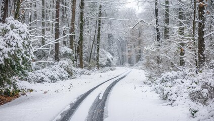 Snow-Covered Road in Winter Forest