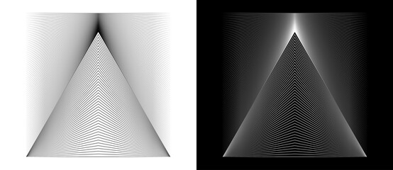 Geometric triangle shape with lines as modern design element, logo or icon. Black shape on a white background and the same white shape on the black side.