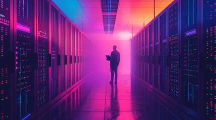 An IT engineer standing in front of a working server rack, performing routine maintenance checks and diagnostics using a laptop. Cloud computing, artificial intelligence, and supercomputer concepts