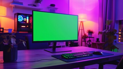Naklejka premium The cozy room with modern design is lit with warm, neon lighting, and there is a powerful personal computer gamer rig on the table.