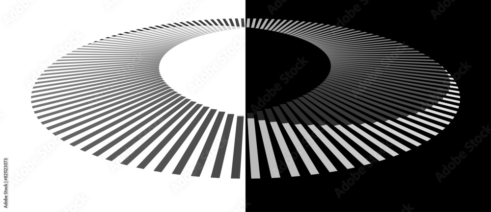 Poster Perspective view to abstract circle with lines. Spiral universe or day and night concept. Black shape on a white background and the same white shape on the black side.