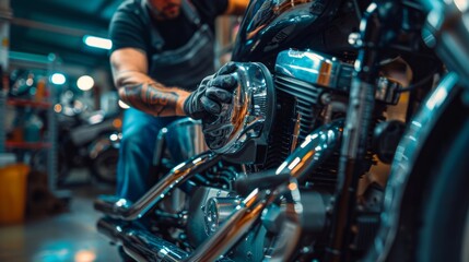 The man is scrubbing and polishing chrome objects on his motorcycle in the garage.