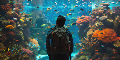 man with a large backpack looking at an aquarium