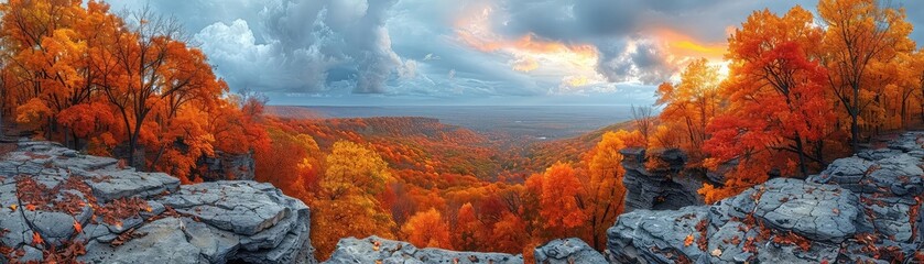 A canyon filled with autumn foliage viewed from a high vantage point, front view, celebrating seasonal colors, cybernetic tone, vivid