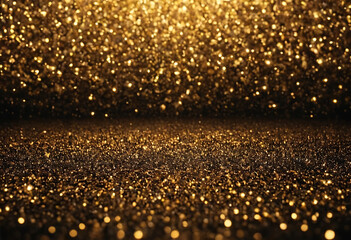 A shower of golden confetti sparkles against a black background, falling onto a glittering gold surface