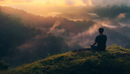 Obraz premium Silhouette of a man meditating in mountains