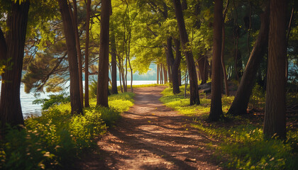 Naklejka premium Path in the woods and close to the lake