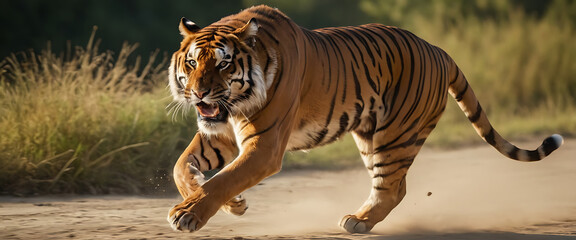 A majestic Bengal tiger sprints across a dirt path, its powerful muscles propelling it forward with astonishing speed. Its orange fur with black stripes is a blur of motion, while its focused gaze and