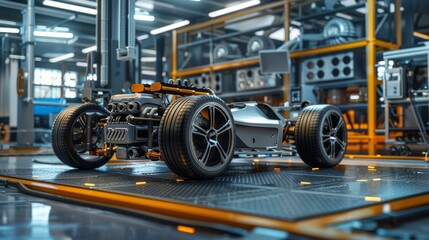 Fototapeta premium In this concept, an Authentic Electric Car Platform Chassis Prototype is standing on a hybrid axel frame, which includes wheels, suspension, engine, brakes, and battery.