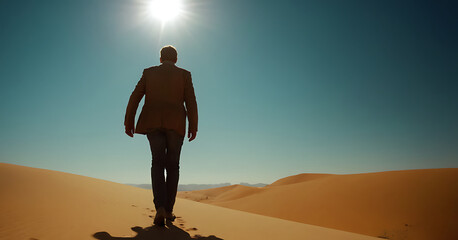person in desert,  a man walking in the desert towards a sun