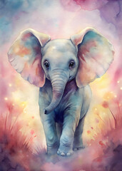 Cute Playful Baby Elephant on a Pastel Background: Dreamy Pastel Palette, Soft Delightful Watercolor Colors